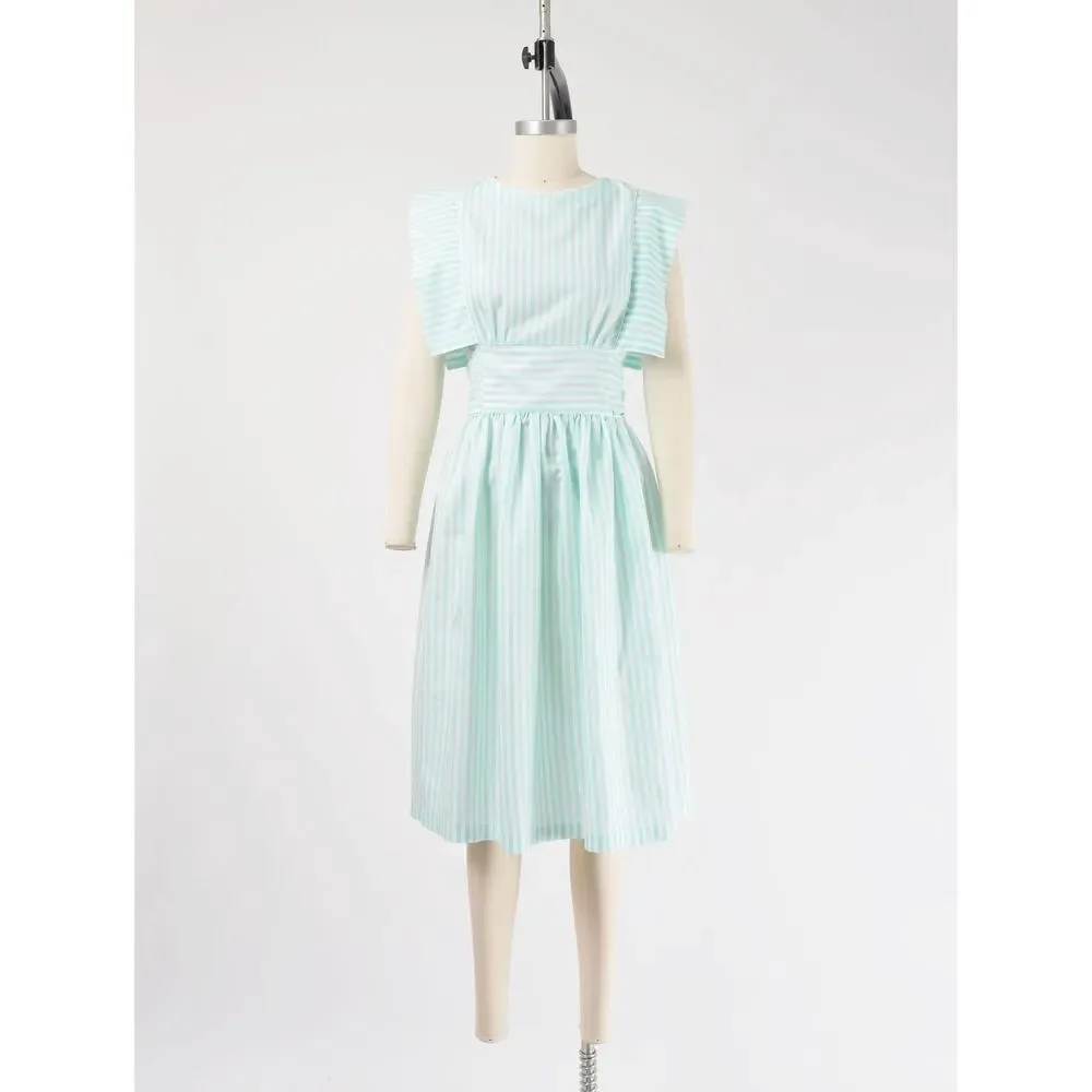 Vintage 80s Pastel Striped Dress Aqua White Cotton Blend Midi Sundress Bow S
